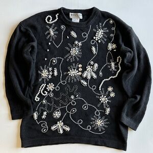 Vintage Black Beaded Sweater Western Fashions Pearl Sequin Embellished Size M